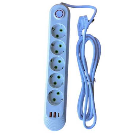 Подовжувач з заземленням, 5 гнізд, 2 USB з вимикачем, 2м, 60шт/ящ